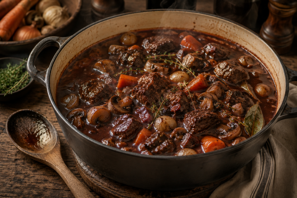 Beef Bourguignon Braising with Wine and Herbs