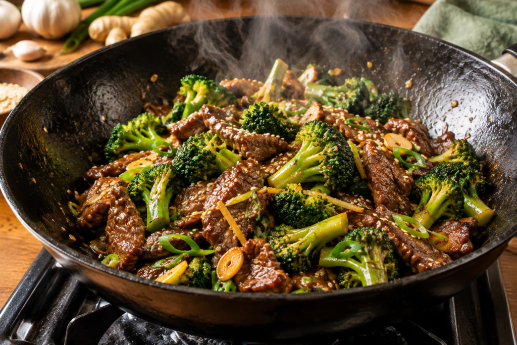 Beef and Broccoli Cooking in the Skillet