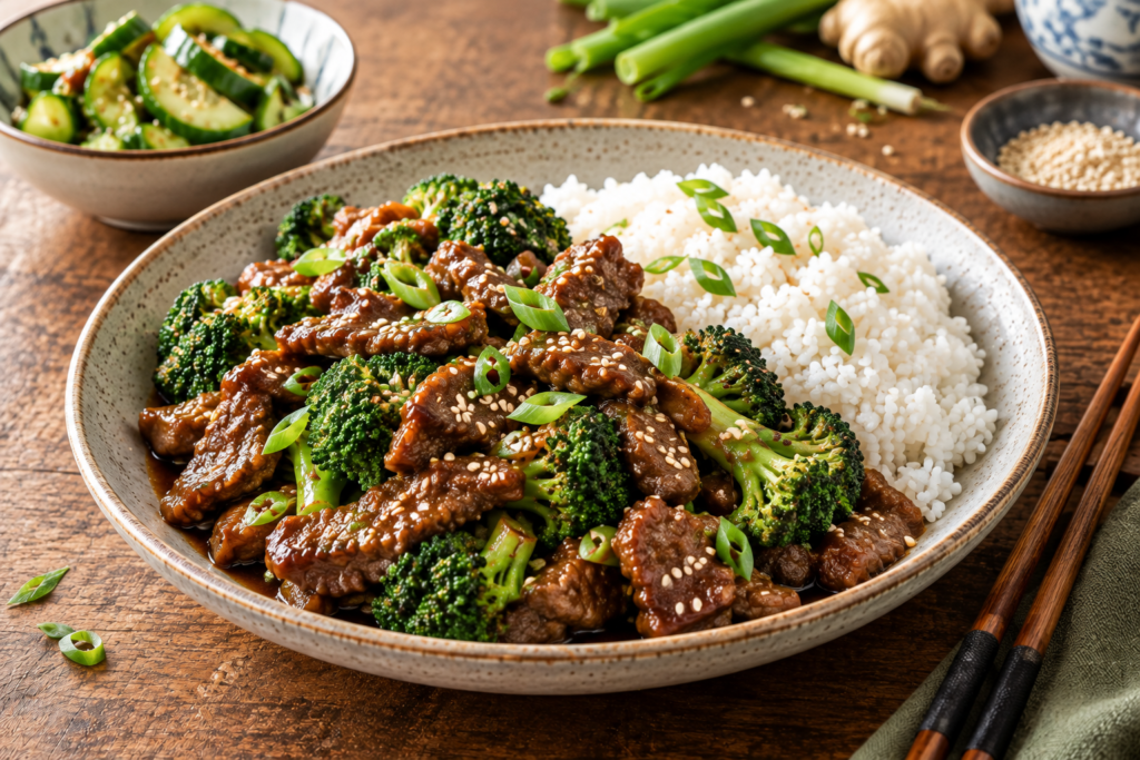 Beef and Broccoli Served with Rice
