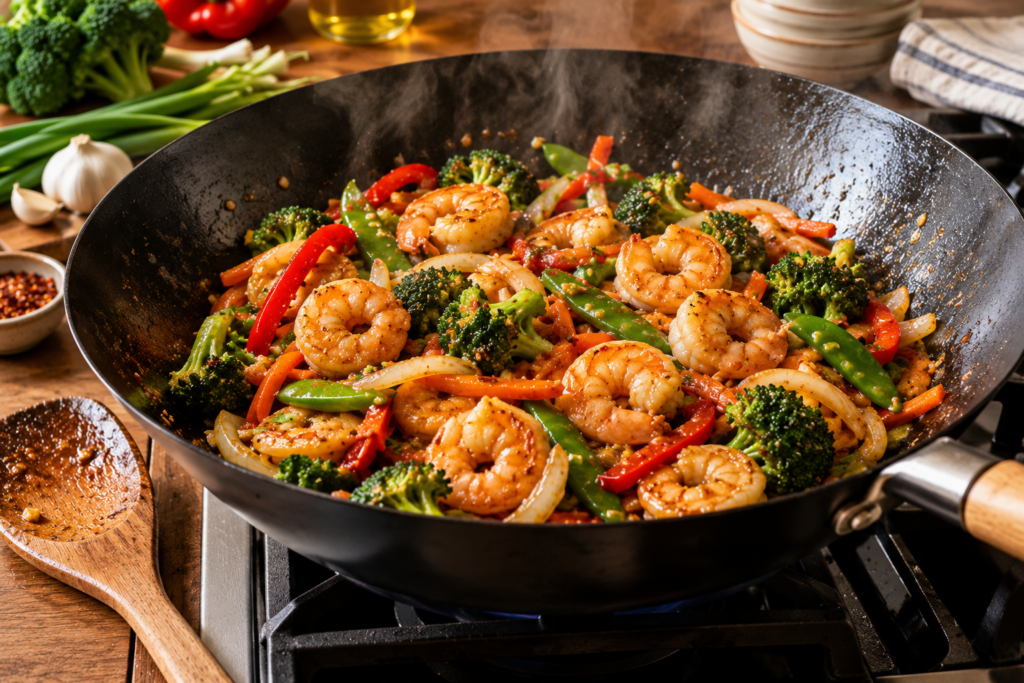 Cooking the Shrimp and Vegetables
