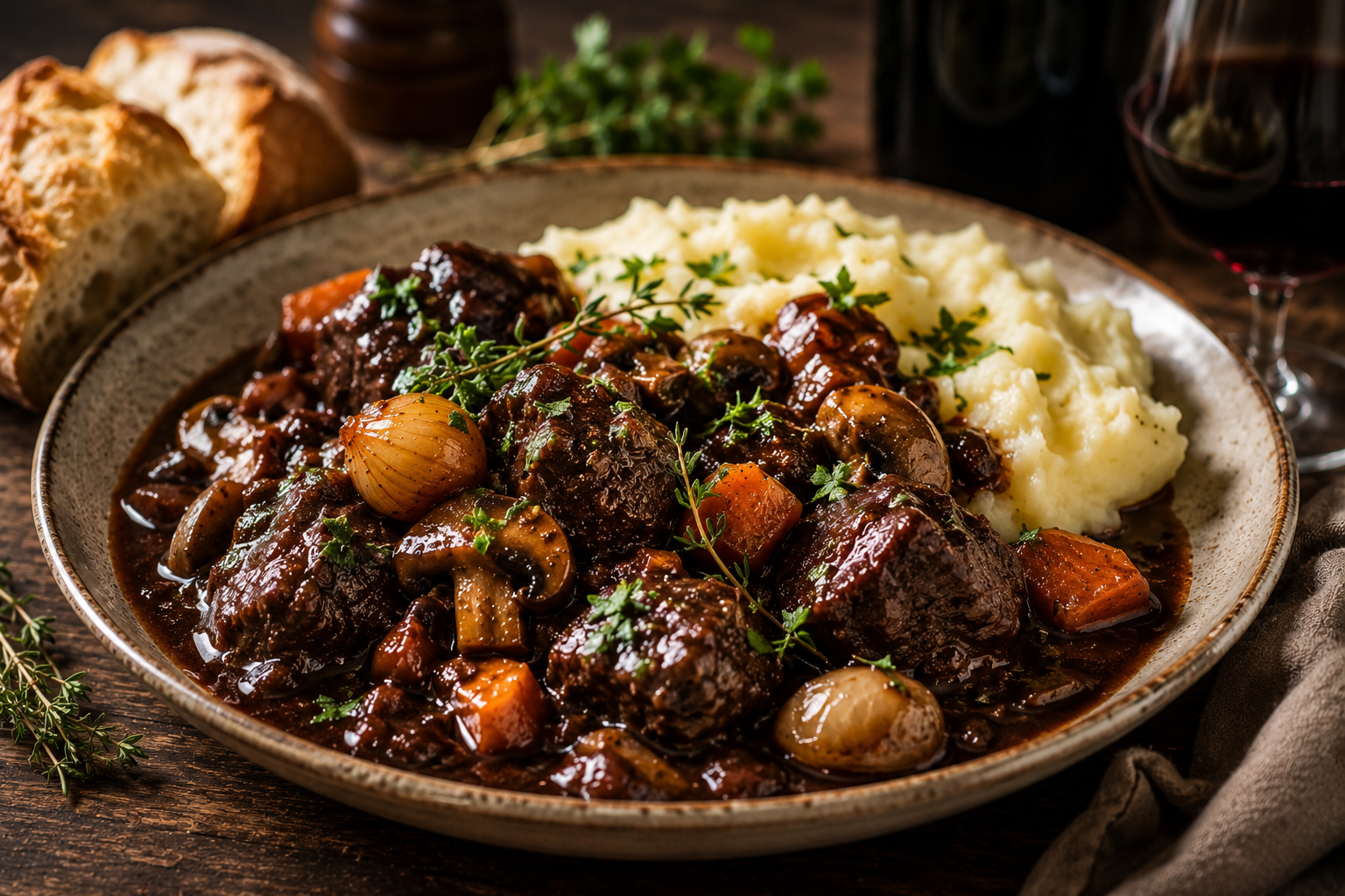 Final Plated Beef Bourguignon with Mashed Potatoes