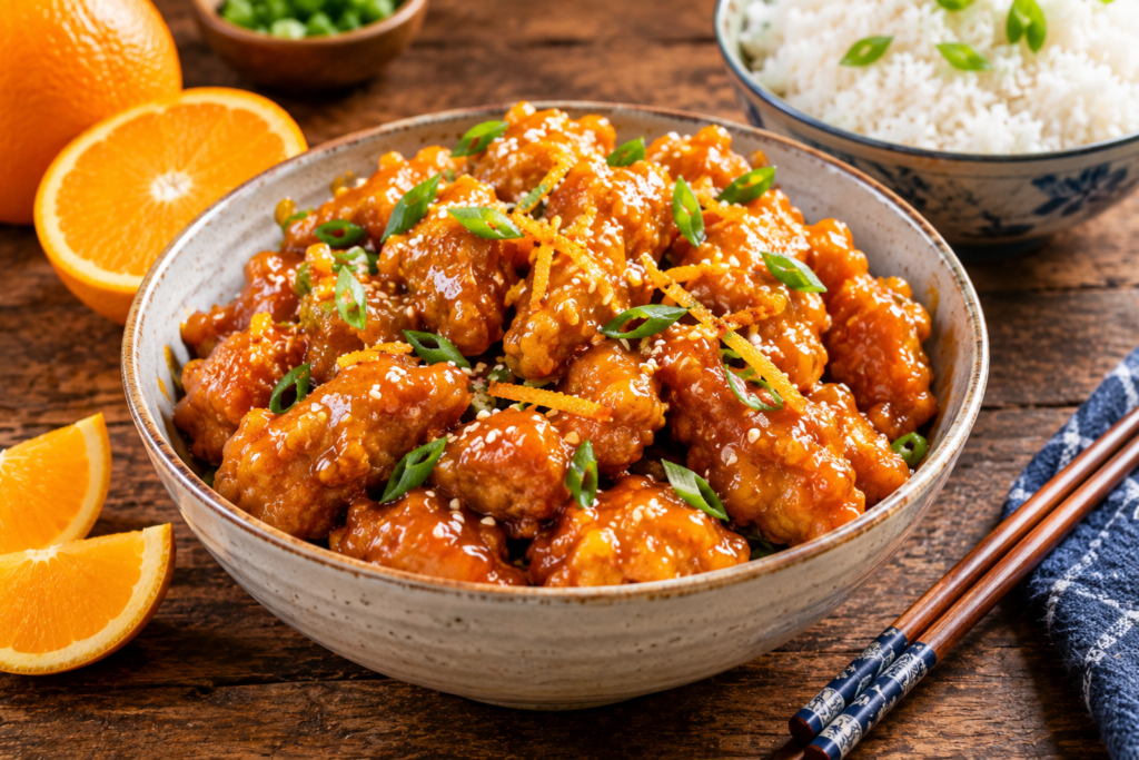 Finished Orange Chicken Served with Rice