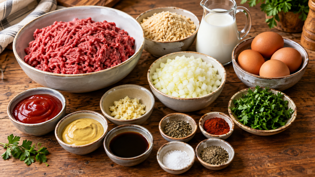 Ingredients for homemade ultimate meatloaf recipe arranged on a kitchen counter