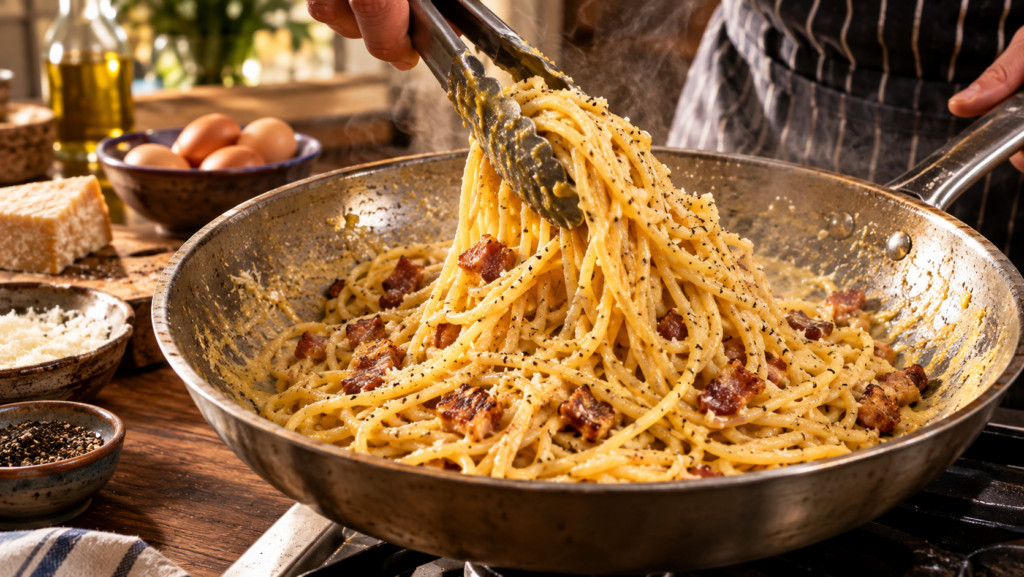 Mixing spaghetti with eggs Pecorino Romano and guanciale for carbonara