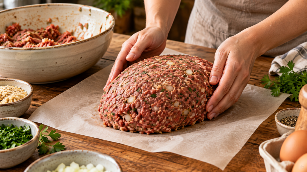 Shaping seasoned ground beef mixture into a classic meatloaf before baking