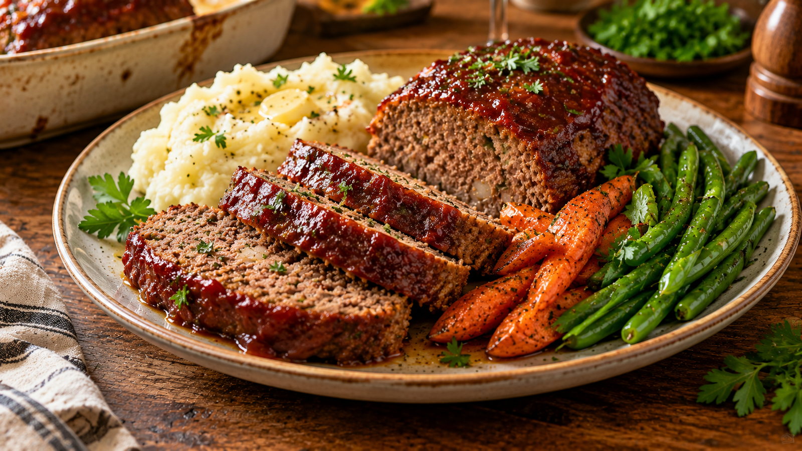 Sliced homemade meatloaf with mashed potatoes and roasted vegetables