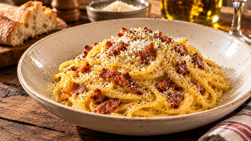Traditional Roman spaghetti carbonara served with crispy guanciale and Pecorino Romano