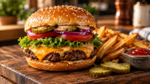 Classic homemade cheeseburger with melted cheese, fresh toppings and fries