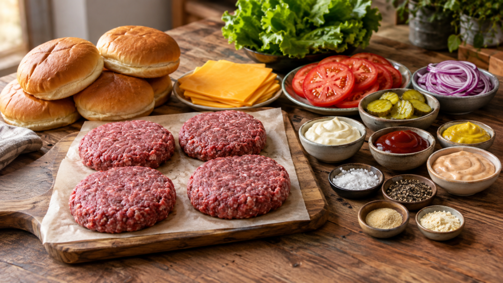 Classic homemade cheeseburger ingredients and fresh beef burger patties