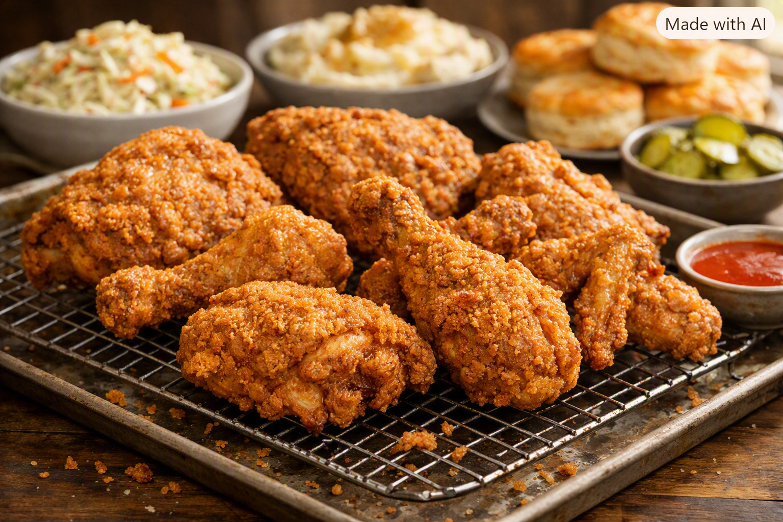 Freshly fried Southern chicken resting on a wire rack
