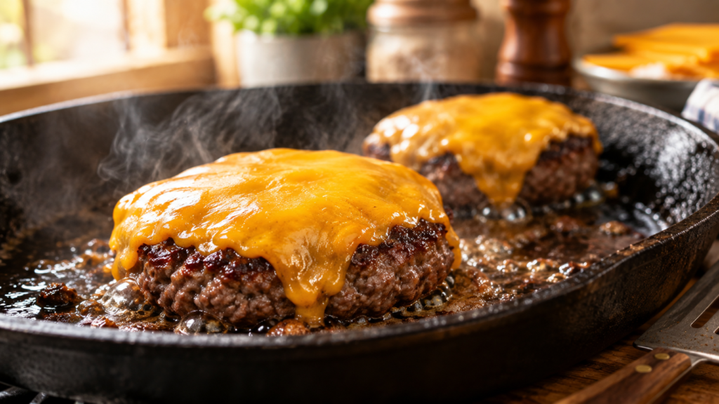 Juicy homemade cheeseburger patty cooking with melted cheese in a skillet