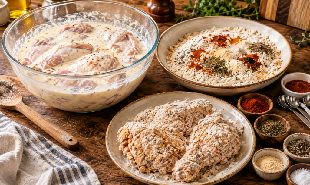 Chicken marinating in buttermilk before coating