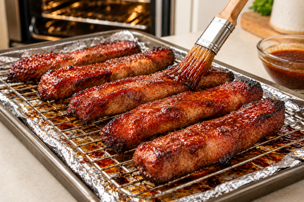 Brushing Char Siu pork with sticky honey barbecue glaze before finishing in the oven