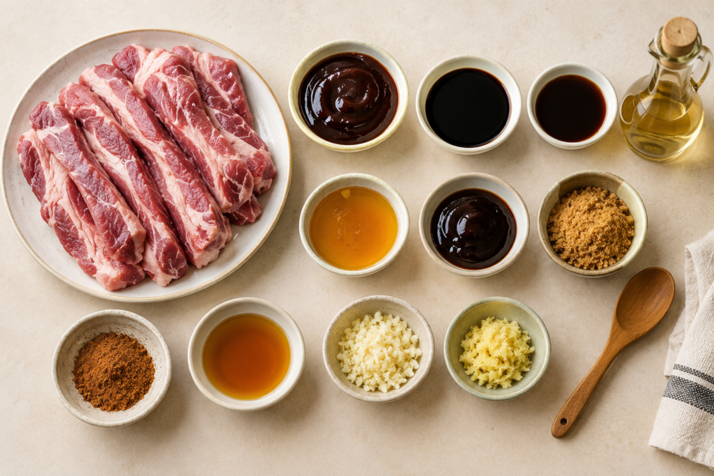 Ingredients for homemade Char Siu pork with hoisin sauce, honey, garlic, and spices