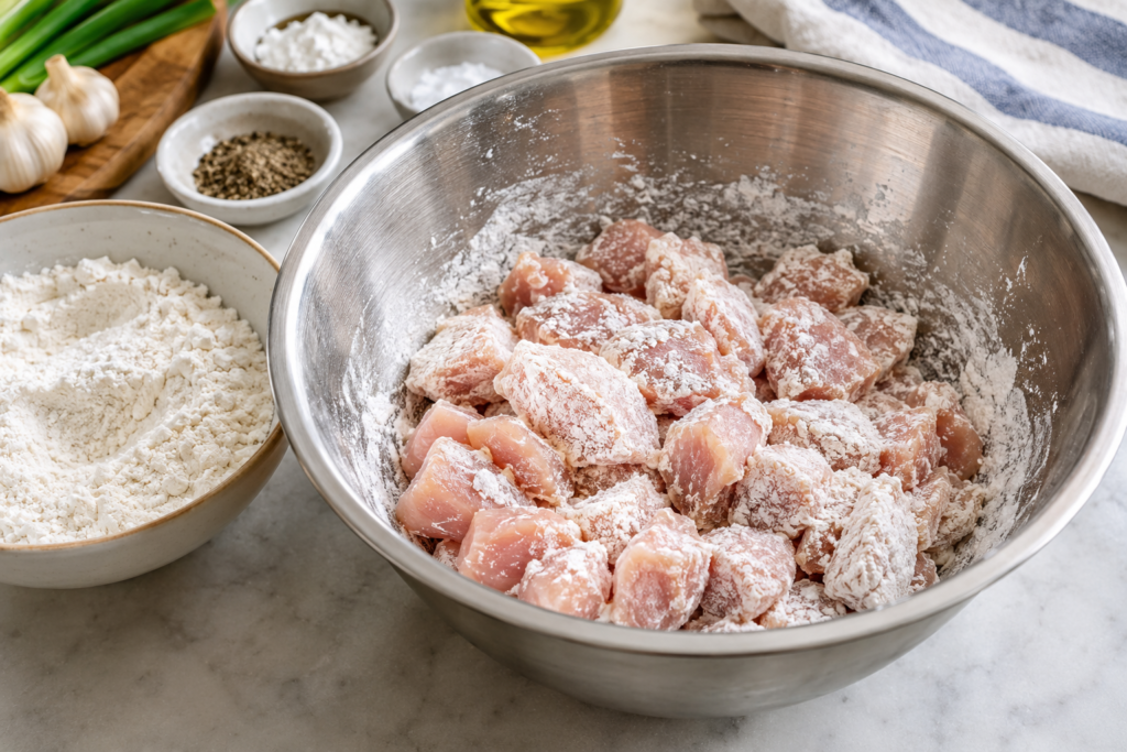 Bite-sized chicken pieces coated in cornstarch and flour before frying.