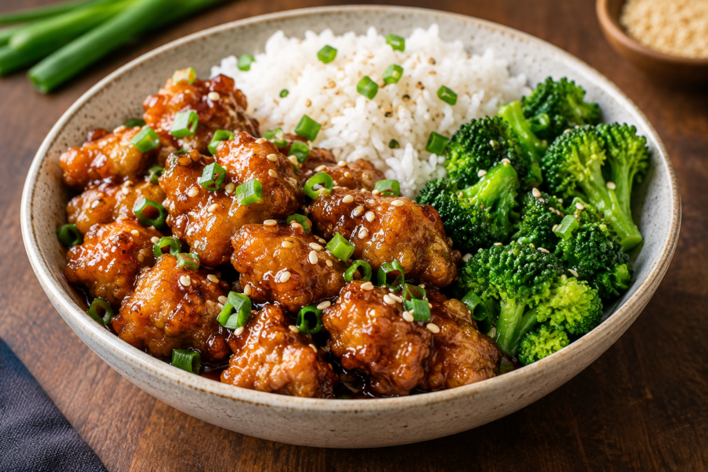 Crispy sesame chicken coated in sweet and savory sauce with rice, broccoli, and toasted sesame seeds.