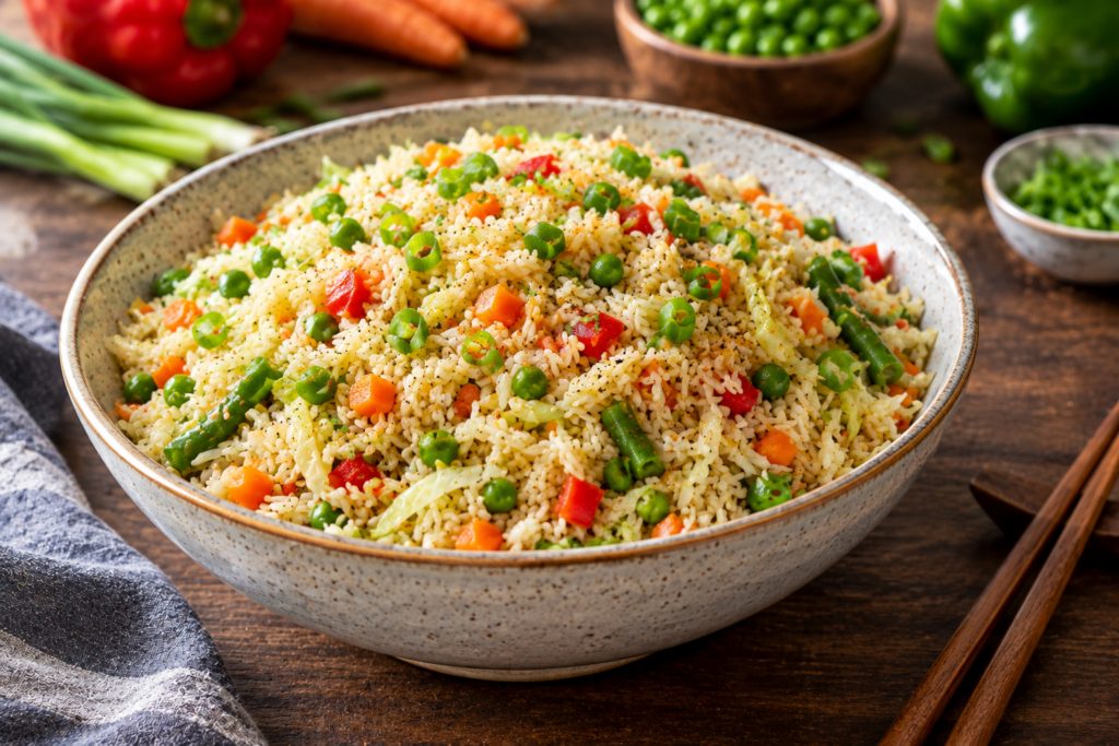 Homemade vegetable fried rice garnished with spring onions and served in a ceramic bowl.