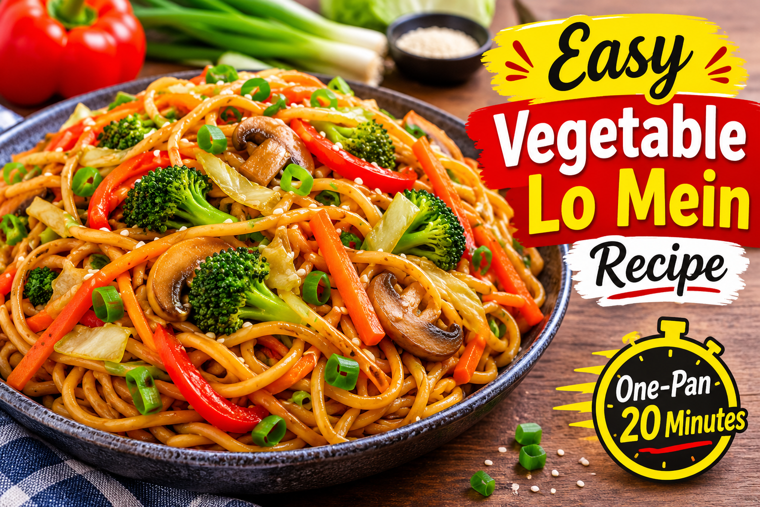 Easy vegetable lo mein with colorful stir-fried noodles, broccoli, carrots, bell peppers, and mushrooms.