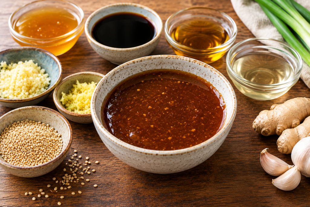 Homemade sweet and savory sesame sauce with soy sauce, honey, garlic, ginger, and sesame seeds.