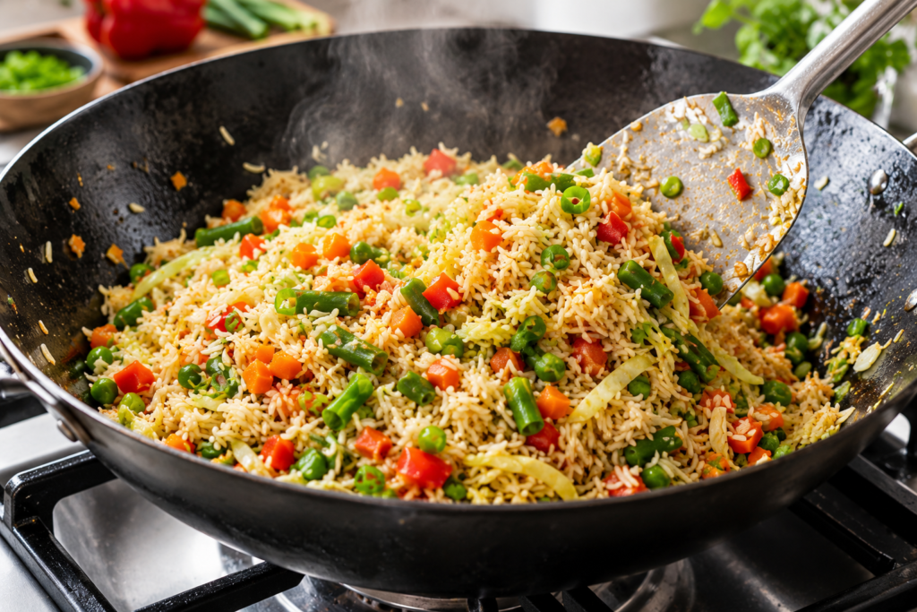 Carrots, peas, cabbage, and bell peppers stir-frying in a wok for vegetable fried rice.