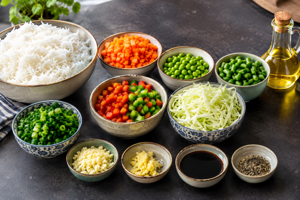 Ingredients for easy vegetable fried rice, including rice, carrots, peas, bell peppers, garlic, and soy sauce.